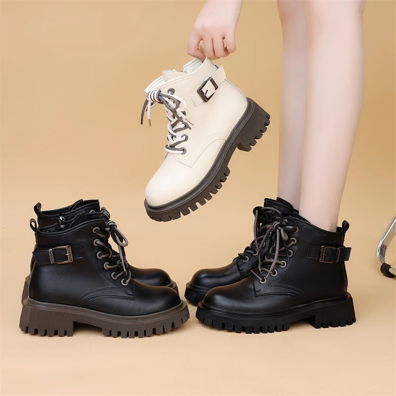 真皮厚底马丁靴女英伦风2023秋季新款ins潮软底单靴中跟显瘦短靴