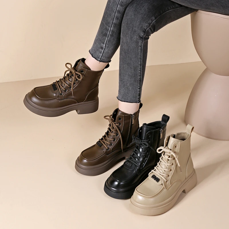 真皮厚底马丁靴女2024秋冬新款英伦风时尚百搭软底增高显瘦短靴子