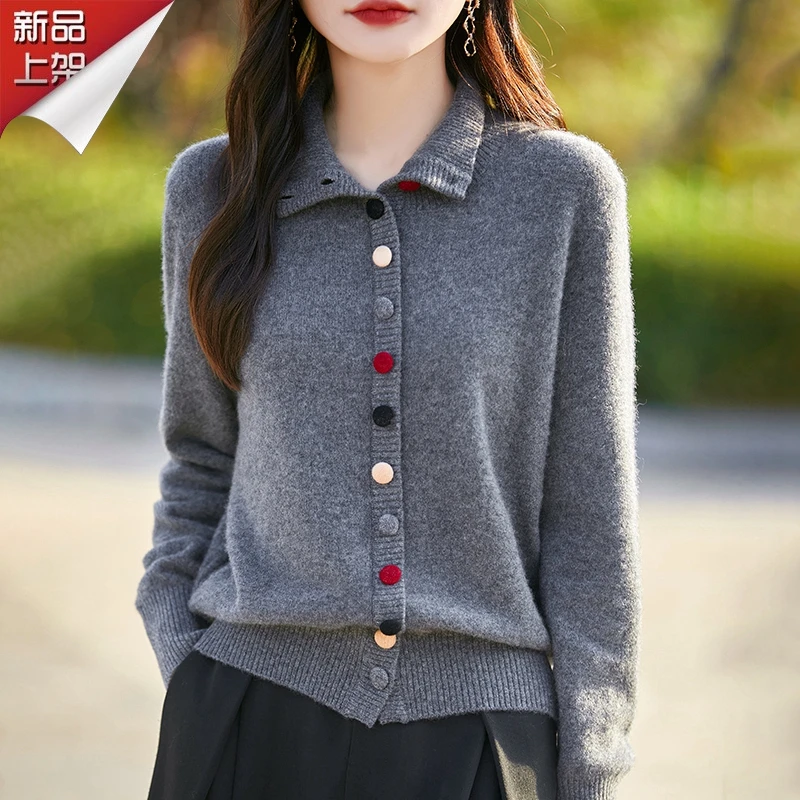 品牌2024冬季新款彩扣长袖羊毛衫女翻领时尚百搭显瘦毛衫保暖亲肤