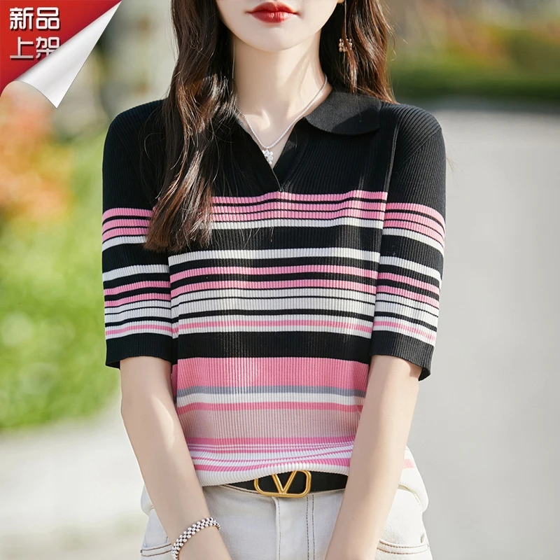 品牌高端女士上衣显瘦条纹翻领短袖撞色针织小衫薄款夏季休闲T恤