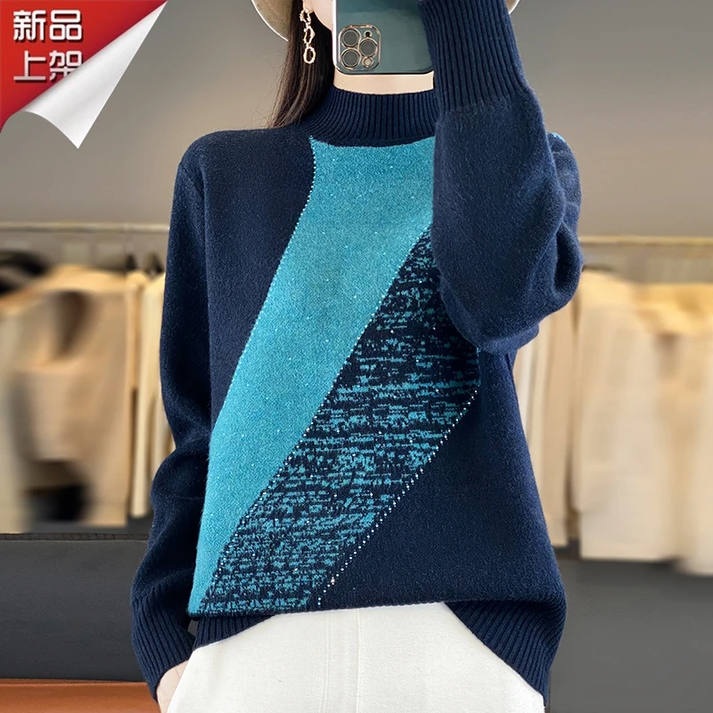 品牌2024秋冬新款拼色针织衫爆款半高领时尚洋气宽松毛衣打底衫