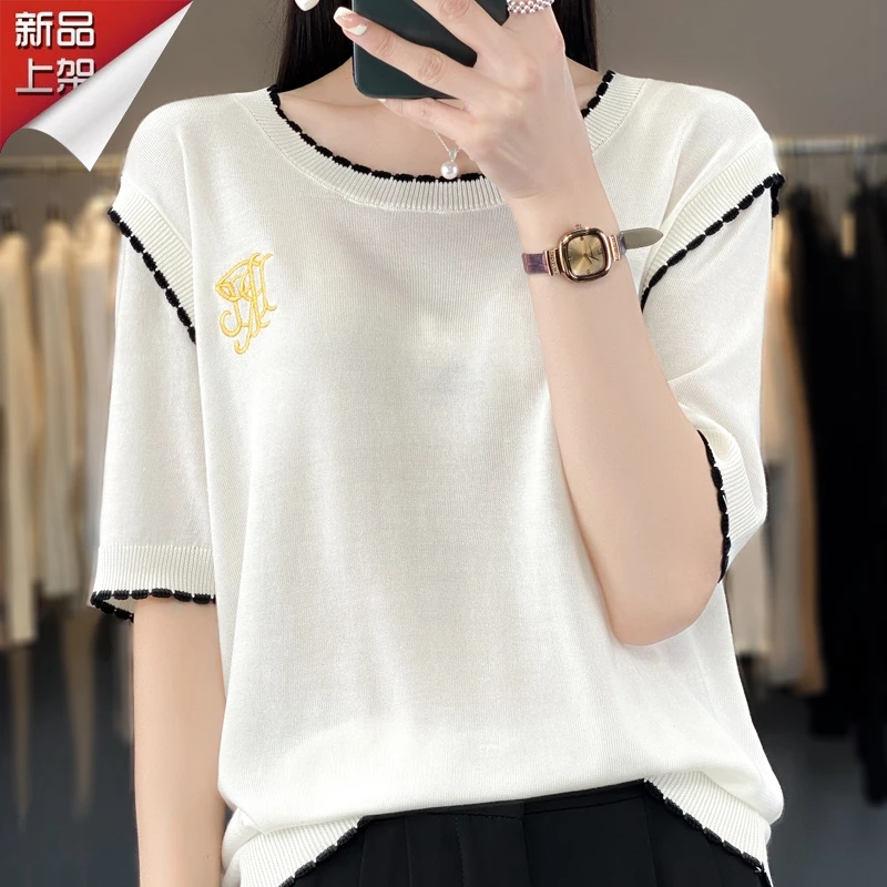 品牌严选夏季拼接显瘦短袖女圆领时尚洋气镂空减龄设计感小衫薄款
