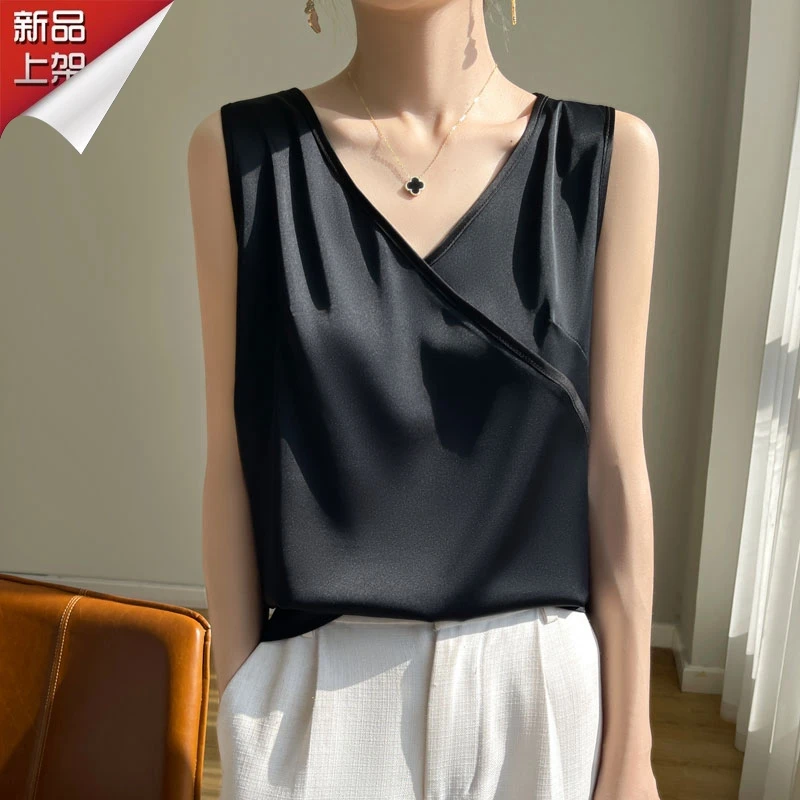 品牌夏季新款显瘦无袖打底背心女士百搭休闲V领气质晾感纯色上衣