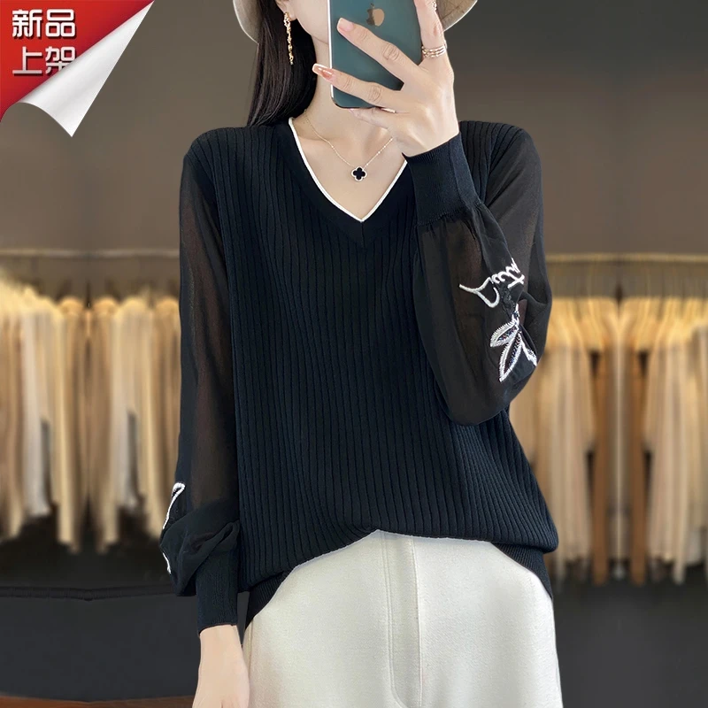 品牌春秋长袖针织衫V领显瘦时尚气质打底衫镂空韩版宽松百搭毛衫