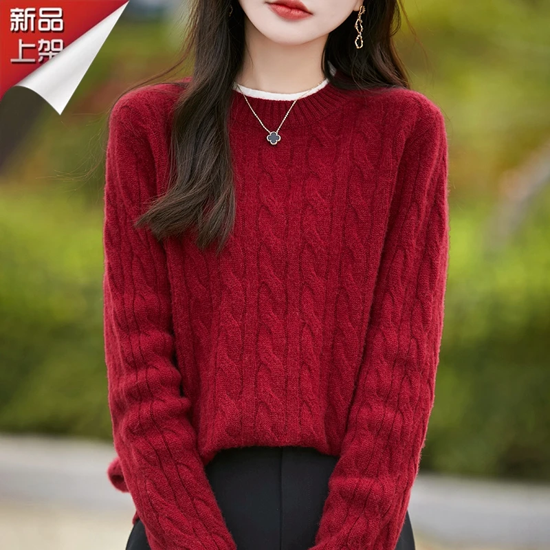 品牌秋冬100%纯羊毛衫圆领假两件麻花宽松加厚纽花针织打底衫