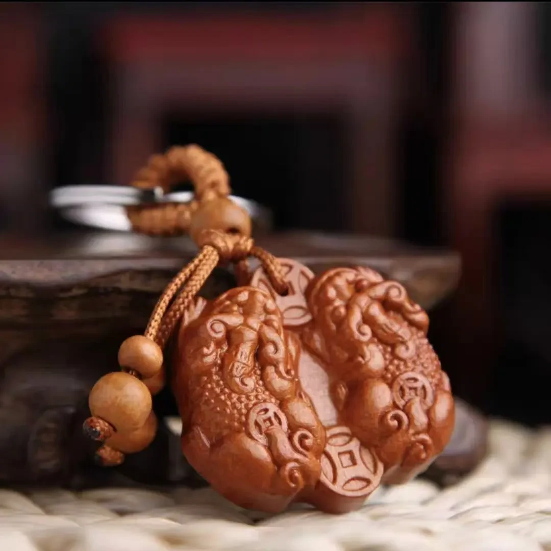 【先生推荐】桃木貔貅公母雌雄双貔貅男女款汽车钥匙扣挂件吊2