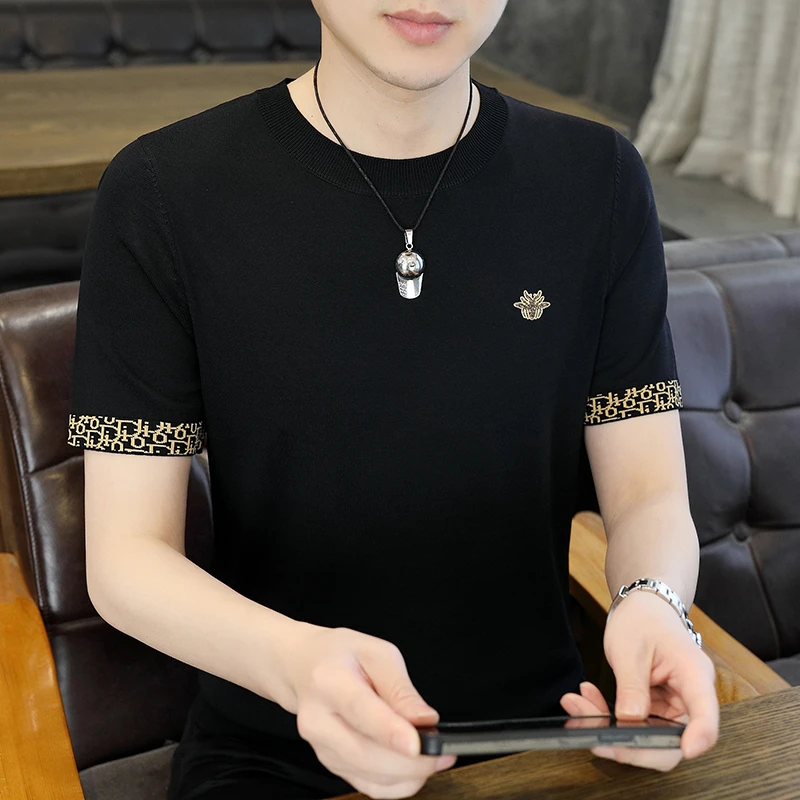 2023新款夏季圆领修身薄款男士半袖潮流高品质冰麻伊力特针织短袖