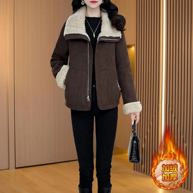 韩版时尚高级感加绒保暖外套女2024年秋冬季新款休闲百搭翻领上衣