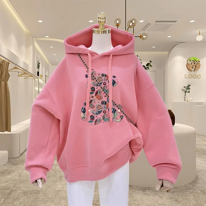粉色连帽卫衣女2024秋冬新款百搭宽松中长款加绒加厚慵懒风上衣潮