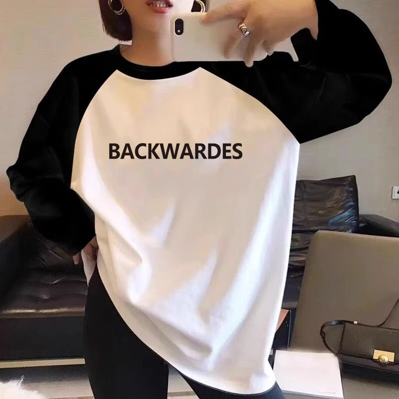 2024新款插肩拼色长袖t恤女中长款韩版宽松休闲百搭上衣春秋季潮