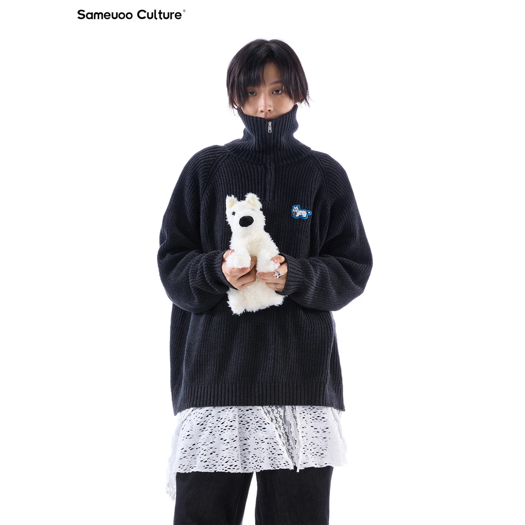 散养文化sameuoo立领拉链毛衣秋冬季中长款情侣慵懒感上衣外套