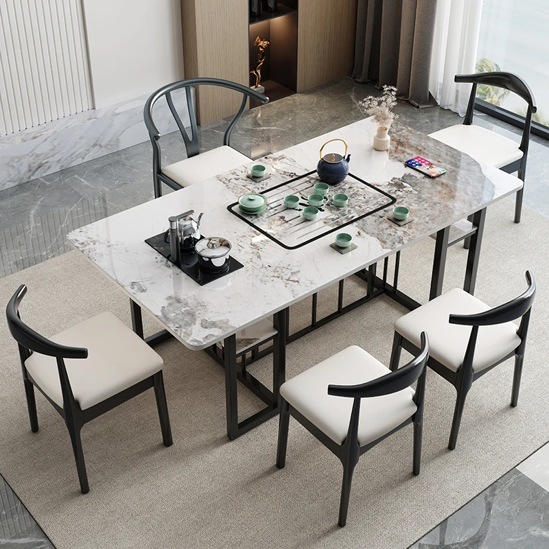 现代简约轻奢岩板茶桌家用茶几办公室极简风功夫泡茶台烧水壶一体