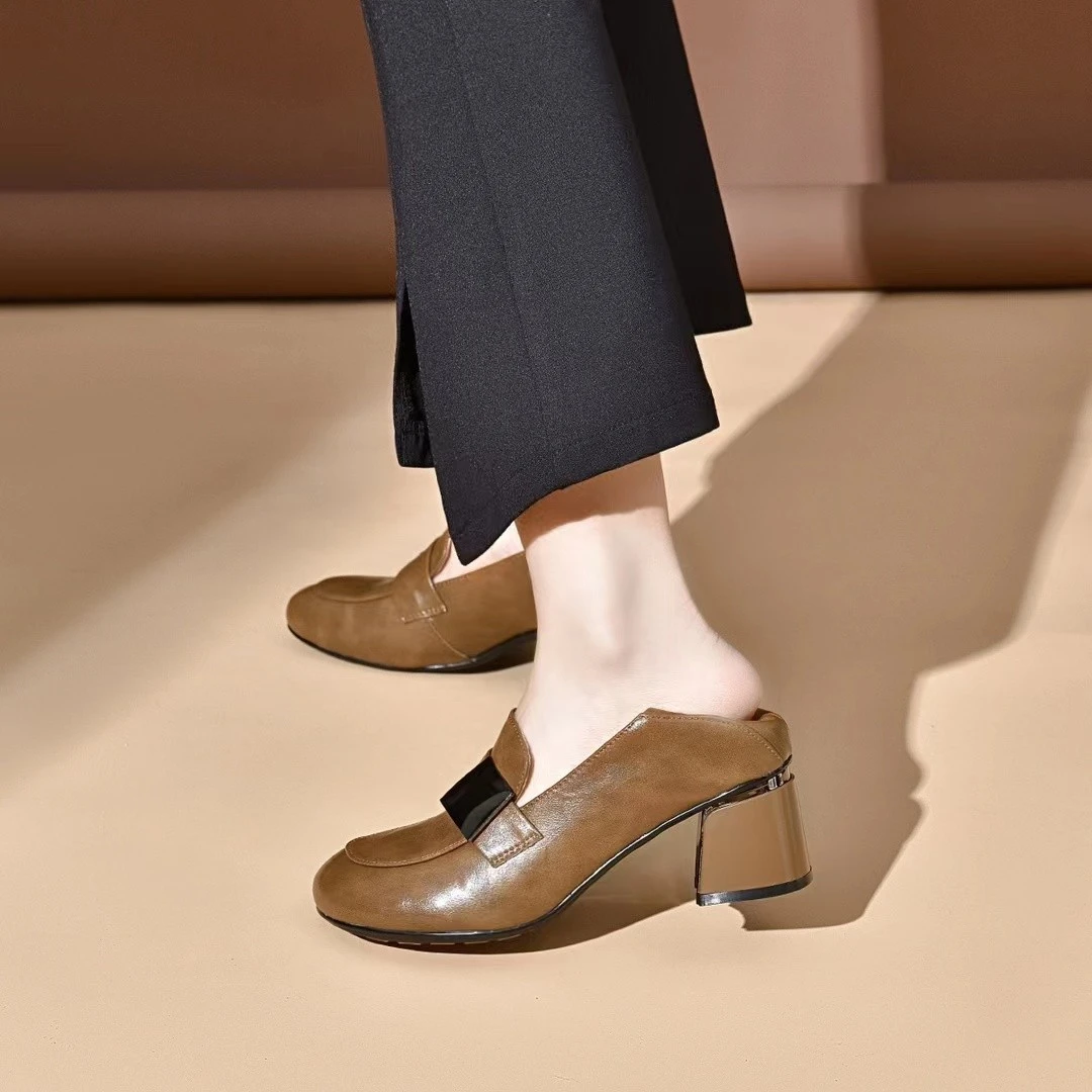 乐福鞋女2024年春季新款粗跟中跟单鞋软皮圆头低跟妈妈鞋软皮女鞋