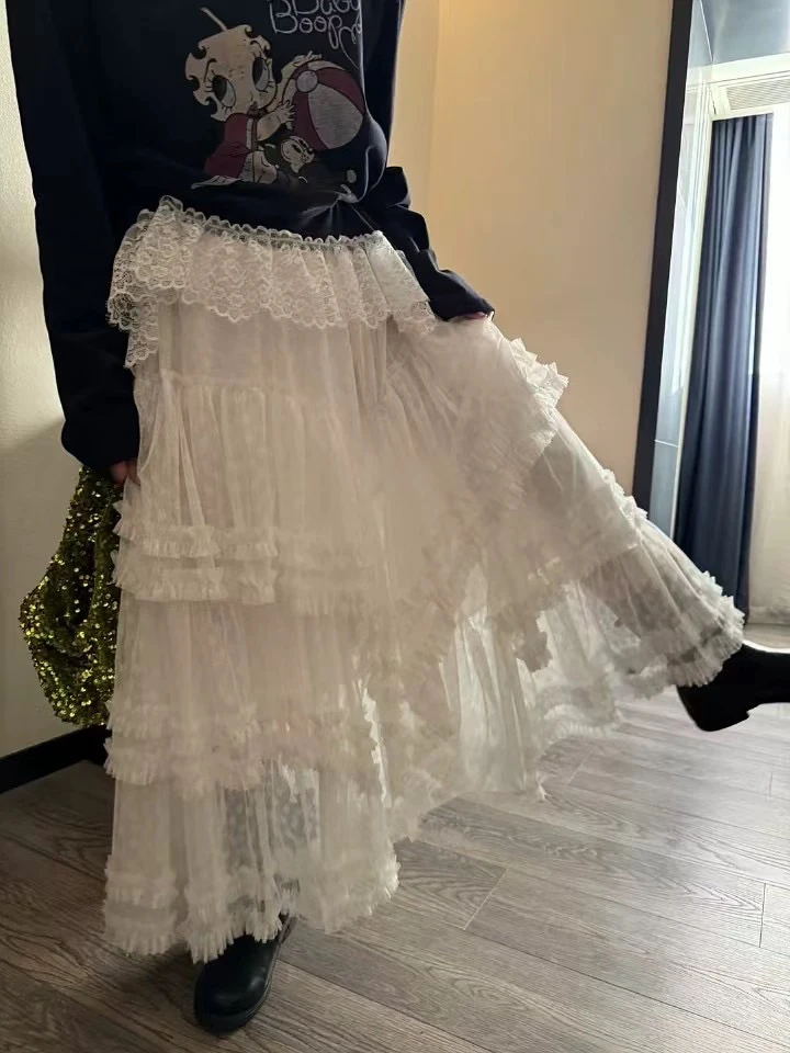 韩系秋冬季新款松紧高腰蛋糕半身裙女重工拼接蕾丝木耳边长裙