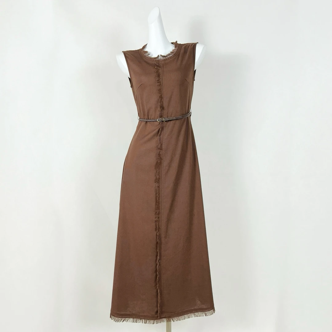 【清】2024新款毛须须无袖显身材高级设计感连衣裙K04076