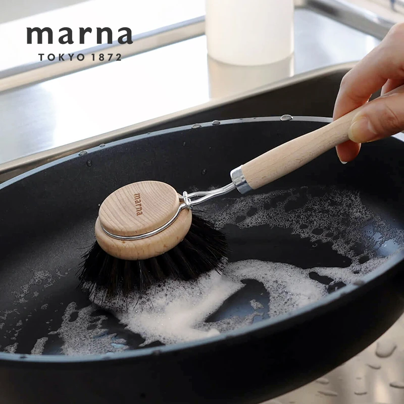日本marna马毛锅刷天然榉木长柄厨房多用清洁刷耐热不粘锅刷防刮