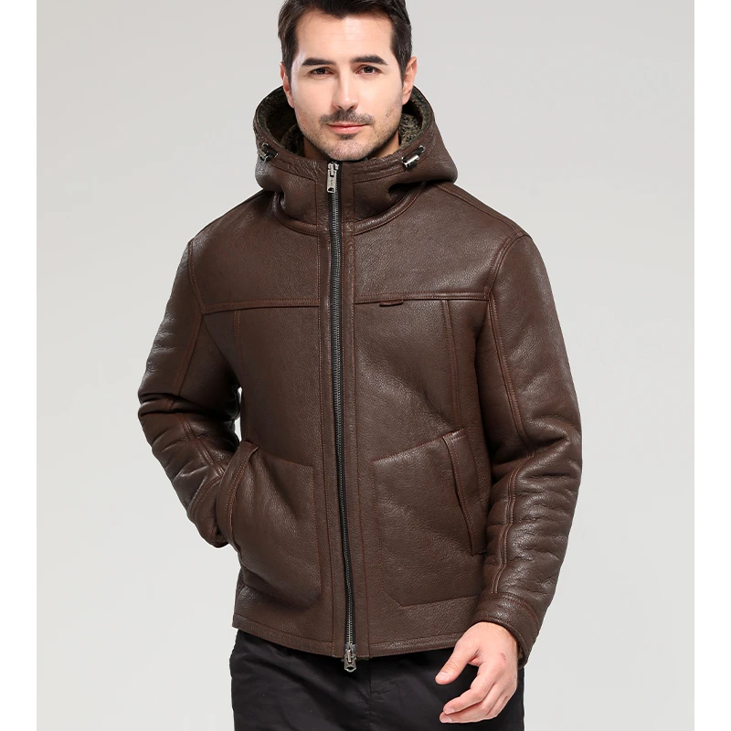 原生态植鞣皮羊皮毛一体男美式复古做旧重水洗真皮连帽夹克