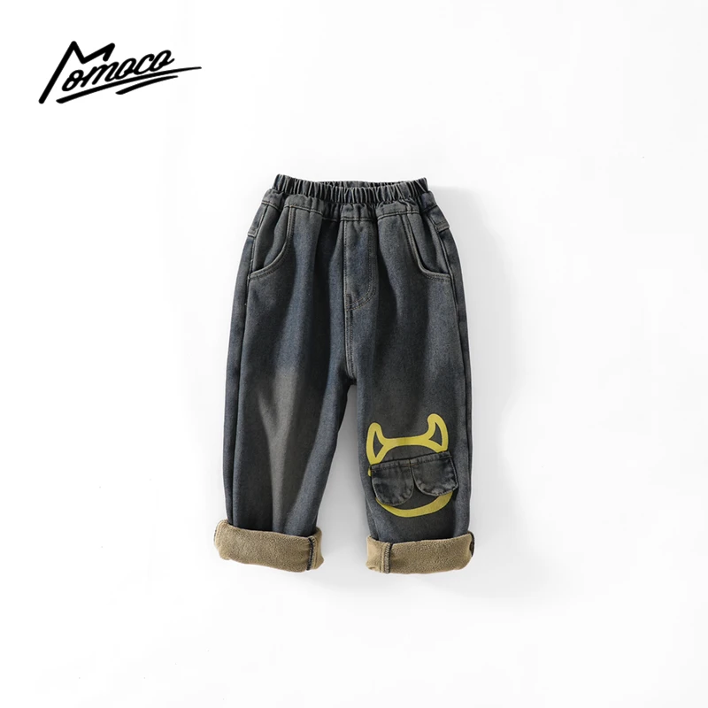 MOMOCO冬季新款男童时尚加绒小牛头牛仔裤75430350030