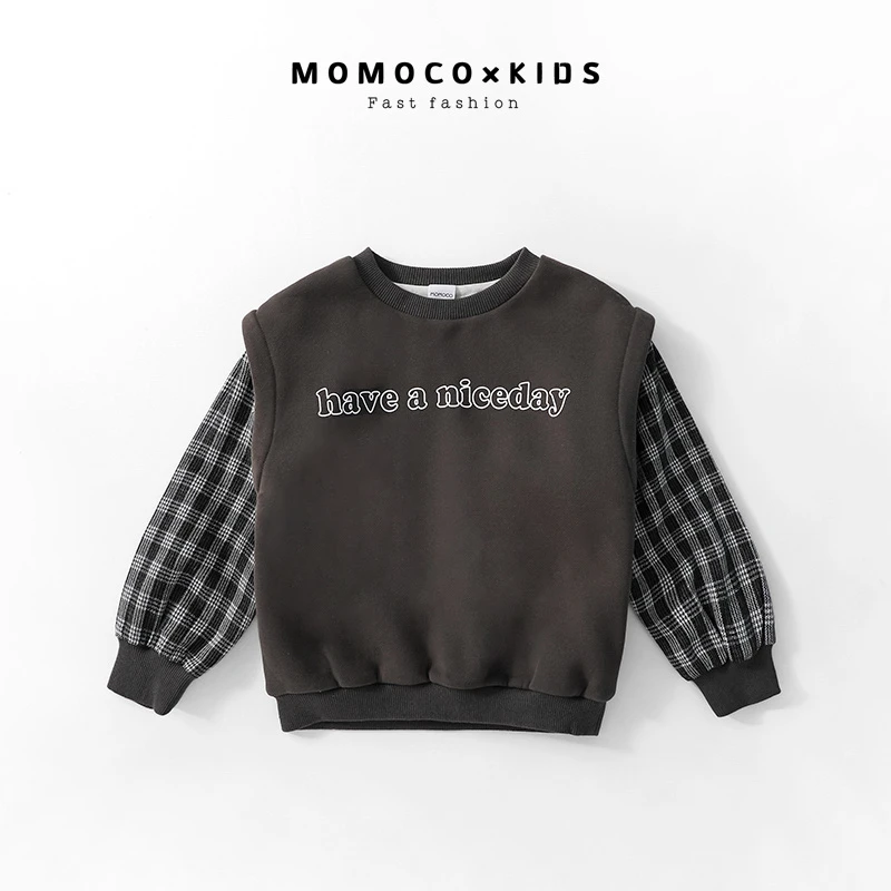 MOMOCO（商场同款）时尚洋气百搭时尚格子拼接印花卫衣7943023201