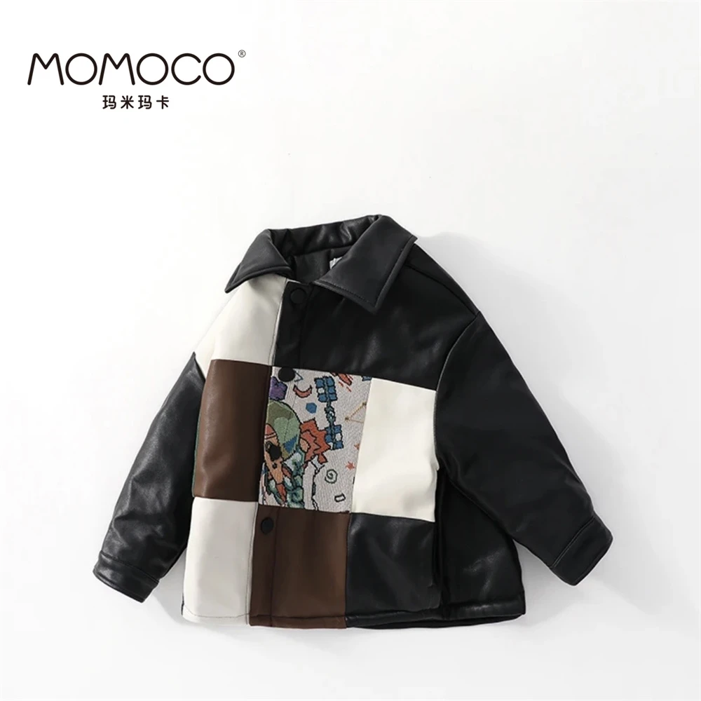 MOMOCO冬季男童蛋白皮多面料拼接皮衣中大童75430105001