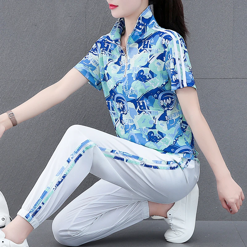 运动速干套装女士夏季款2025年新款宽松短袖冰丝跑步服立领两件套