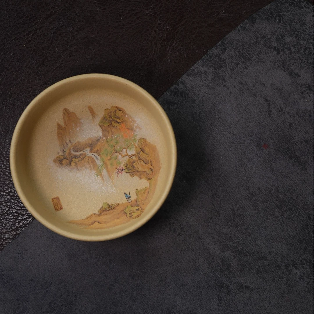 静心【山水】泥绘普洱杯  段泥 110cc 家用实用主人杯精美高端