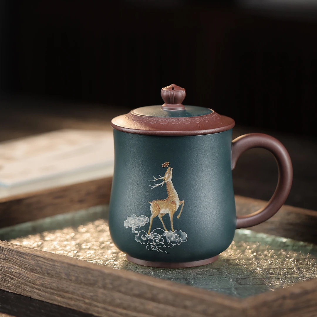 静心【盖杯】双色粉浆盖杯380cc陶瓷紫砂杯带盖泡茶杯茶具茶水杯