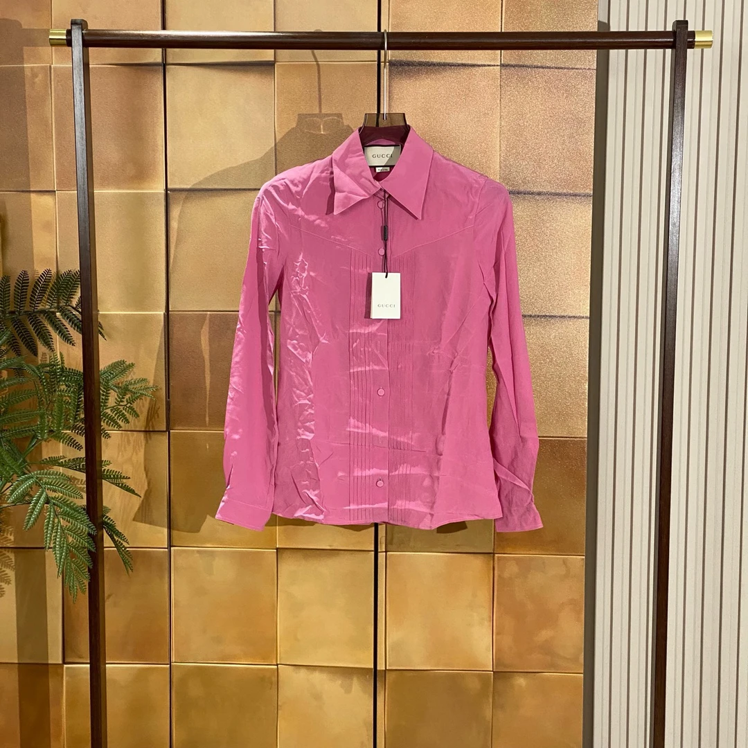 Gucci 粉色风琴褶真丝衬衫/38码/全新带吊/28041
