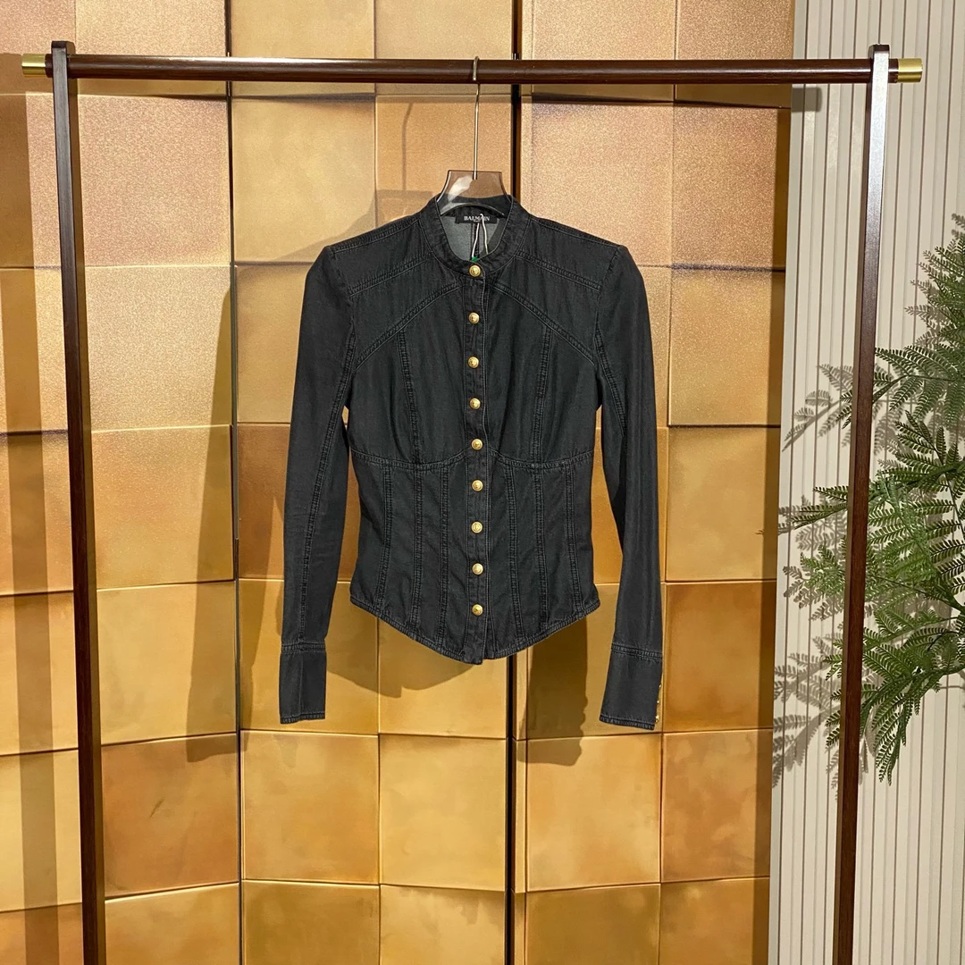 Balmain 黑灰色金扣做旧牛仔衬衫外套/34码/99新/女24799