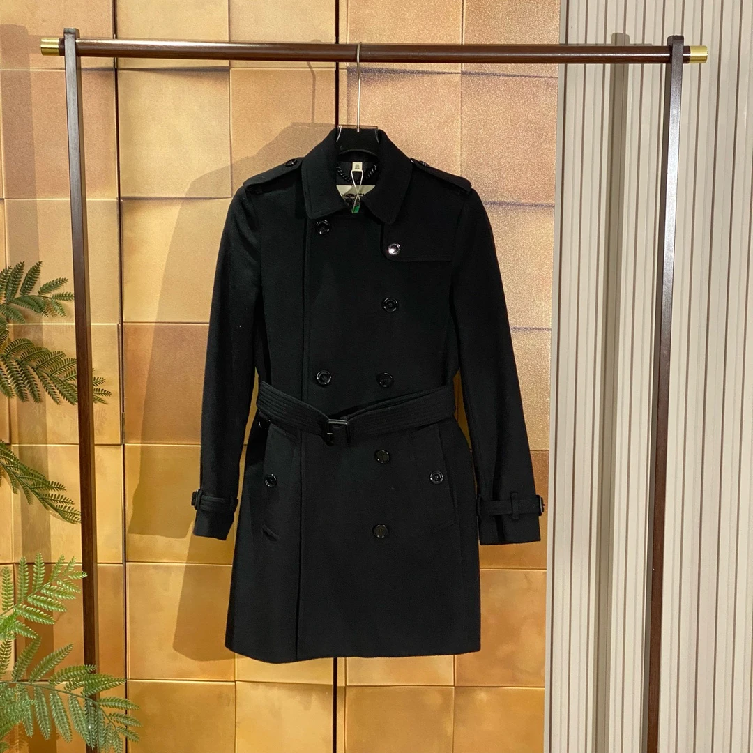 Burberry黑色双排扣系腰带羊毛呢大衣/38码/99新/26277