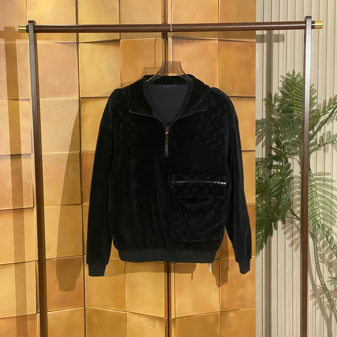 Louis Vuitton黑色老花满印拼接半拉链丝绒卫衣/s码/99新/女24134