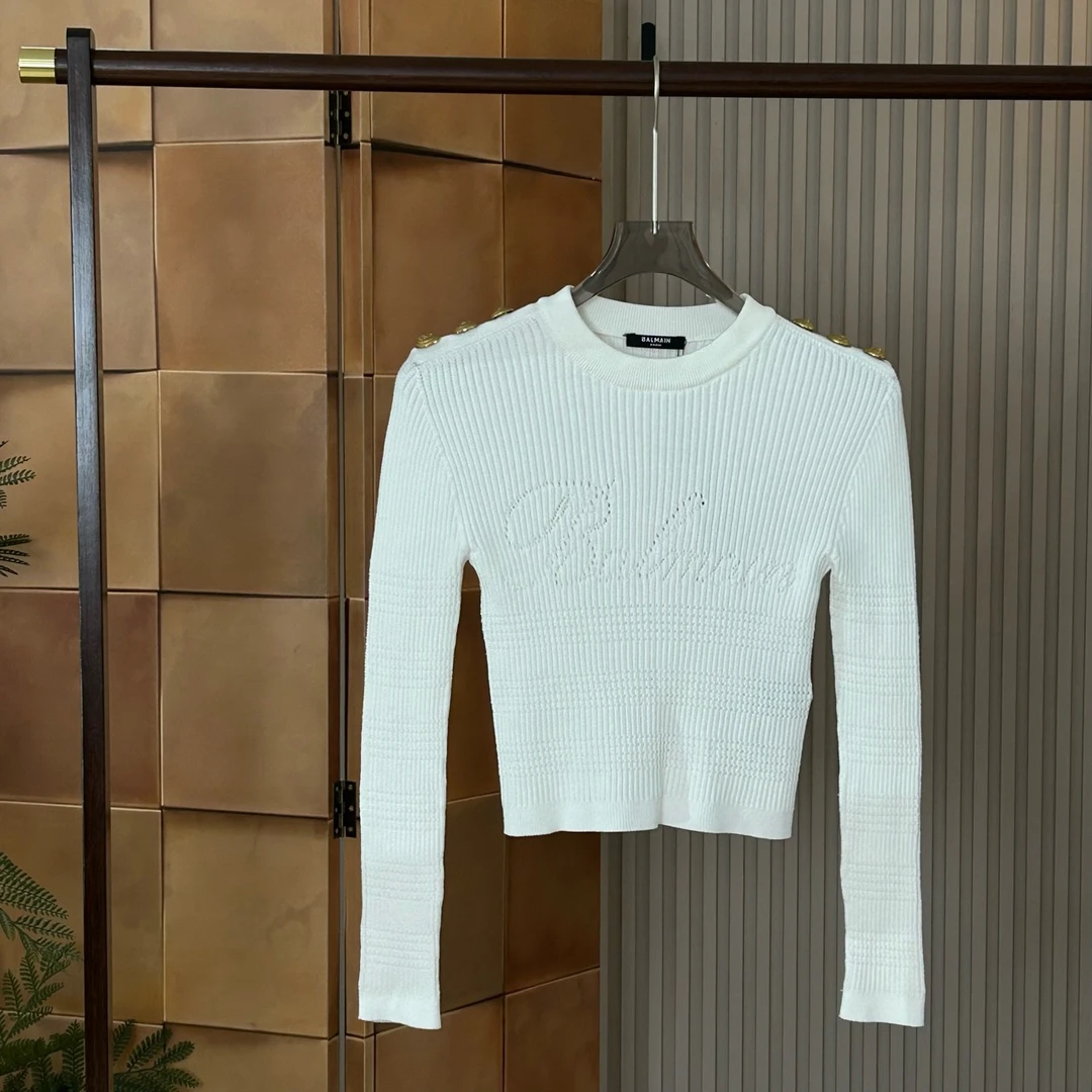 Balmain 23fw新款金扣标语logo针织毛衣/36码/全新/女17128