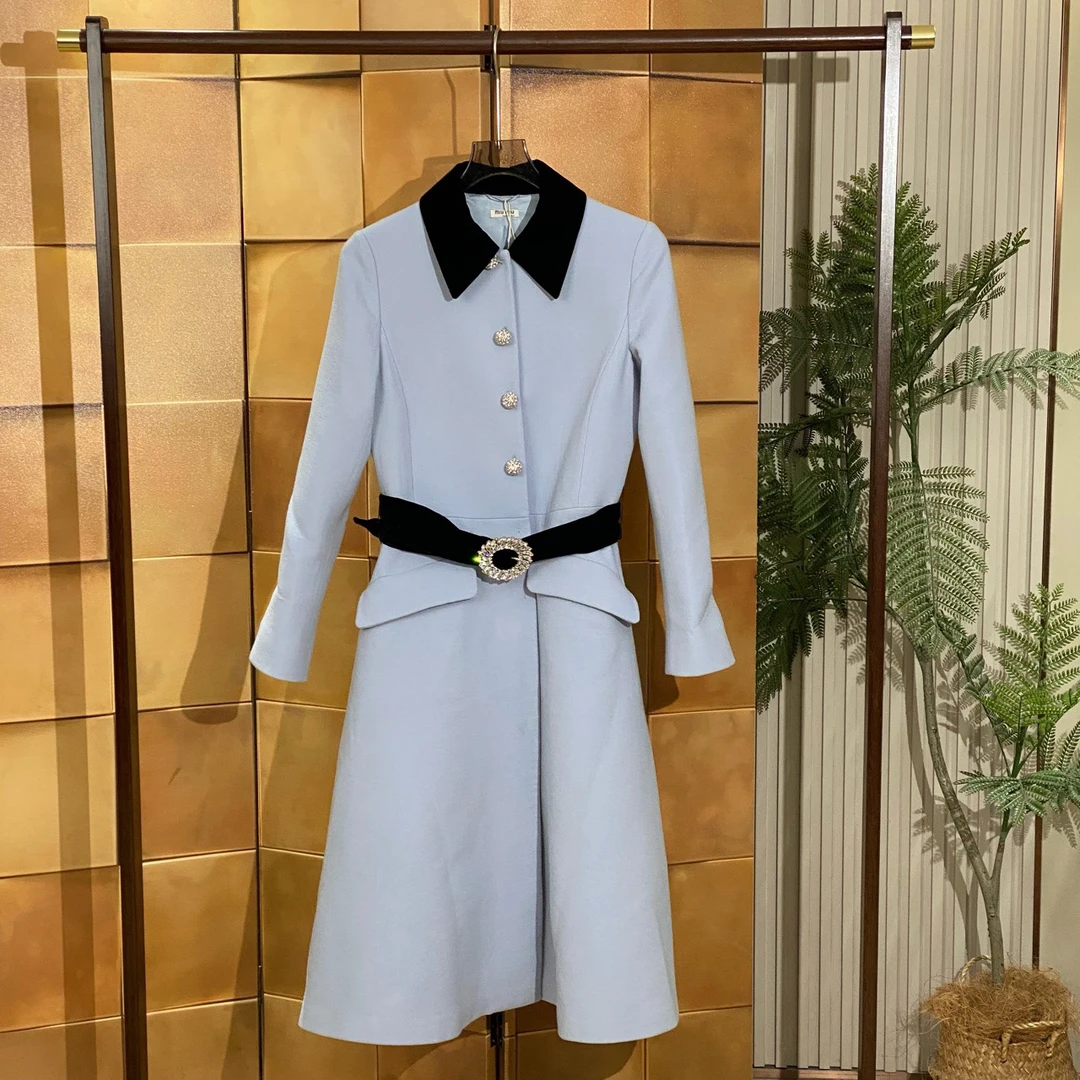 MiuMiu 蓝色水钻扣羊毛大衣/40码/99新/女24219