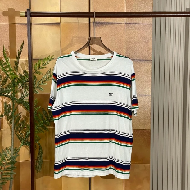 Celine 24ss新款彩色条纹刺绣凯旋门logo短袖/L码/99新/23560