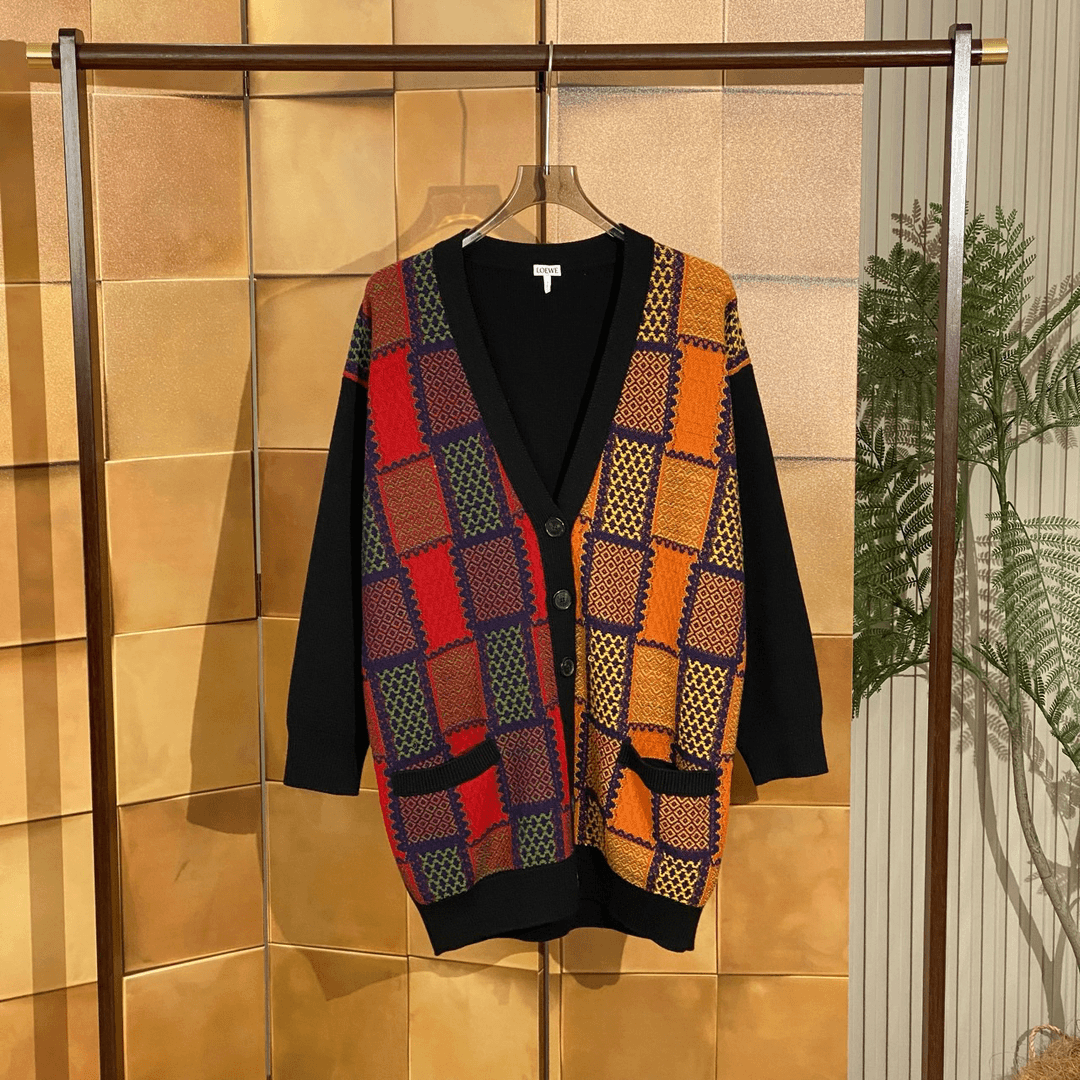 Loewe拼色格纹针织开衫毛衣外套/s码/99新/女42434