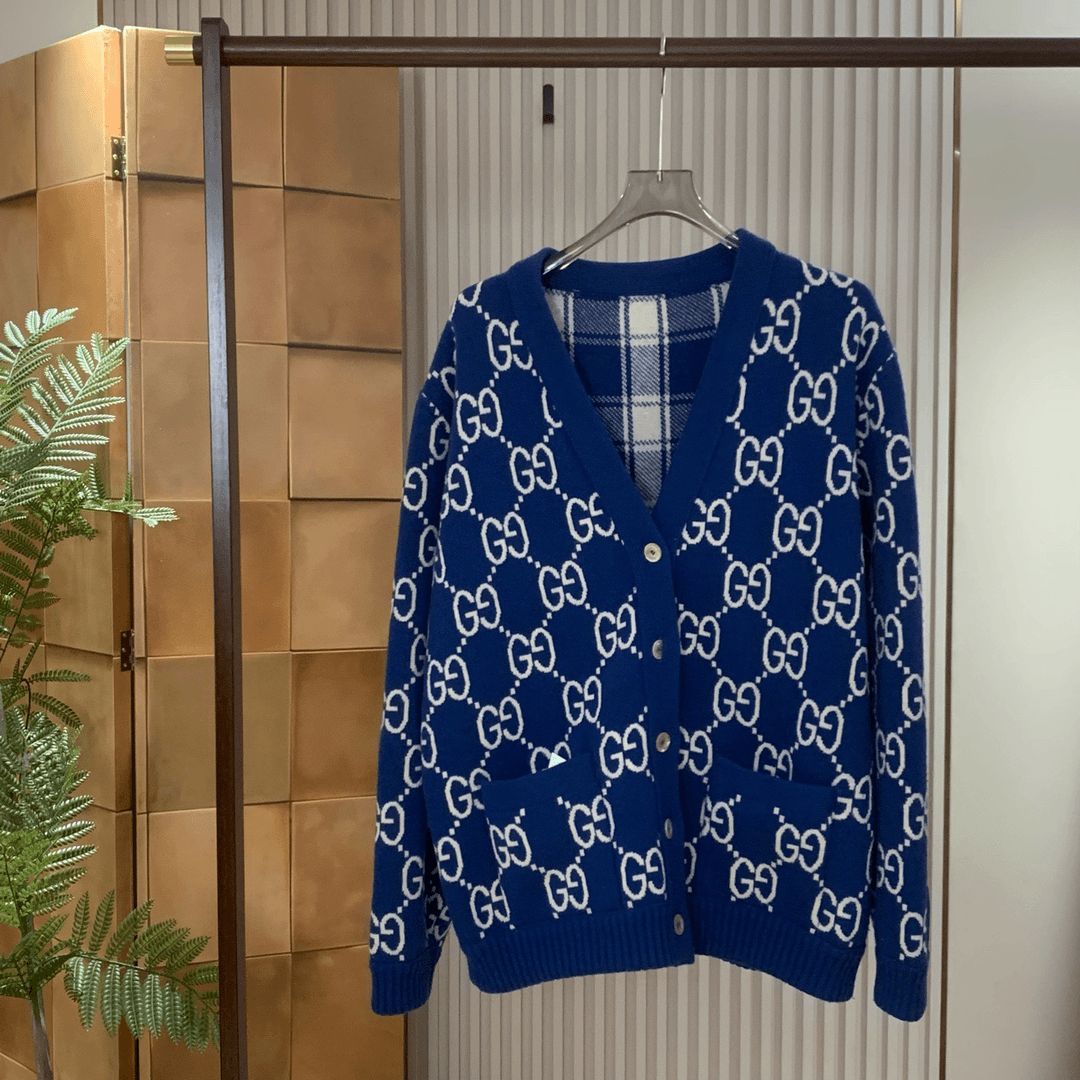 Gucci 24ss最新款格纹老花满印双面穿开衫/xl码/99新/女15562
