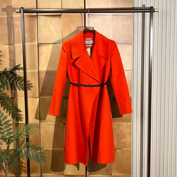 Sport Maxmara 橘红色皮腰带双面羊绒呢大衣/32码/全新/25510