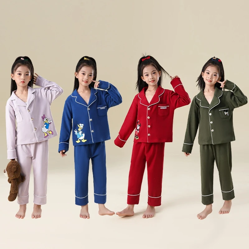 中大童秋冬家居服睡衣男宝女宝新款卡通长袖儿童开衫翻领保暖套装