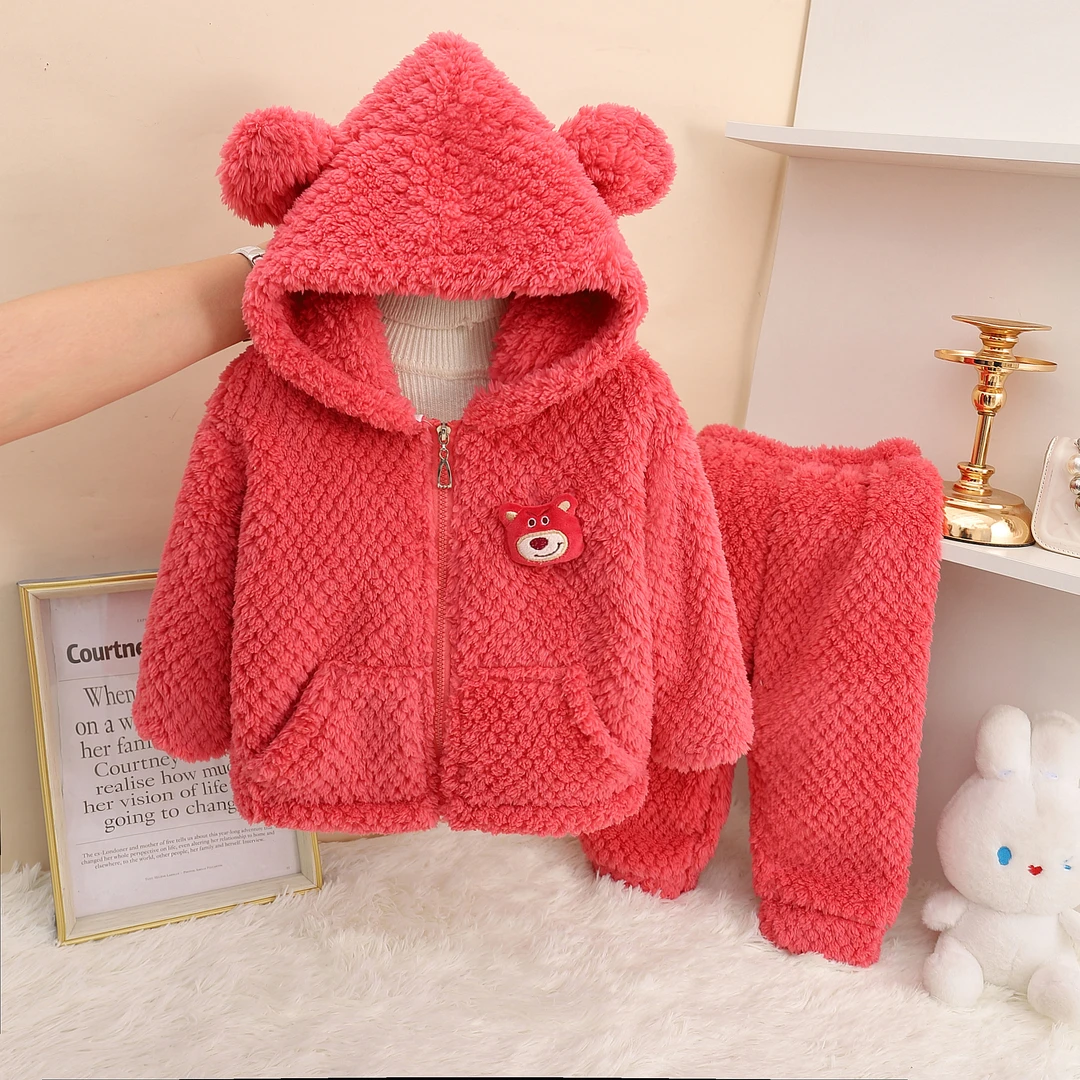「外出/居家」草莓熊女宝宝拉链款女孩子保暖套装冬季儿童法兰绒暖