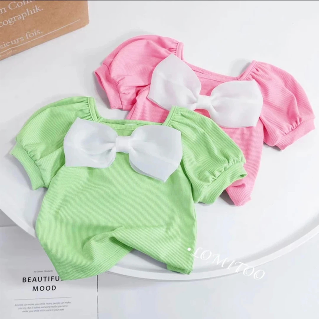 小清新半袖蝴蝶结女孩短袖t恤夏季新款女宝宝打底衫夏装泡泡袖潮