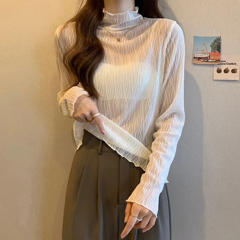 秋冬款蕾丝打底衫爆款女装2024年新款百搭洋气镂空半高领网纱上衣
