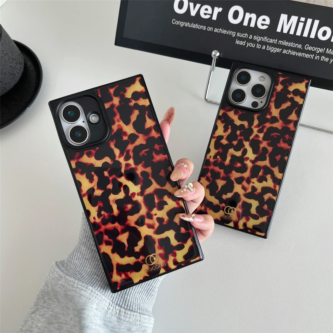 COCOMII磁吸树脂玳瑁纹个性小方壳适用苹果16 Pro方形手机壳潮牌