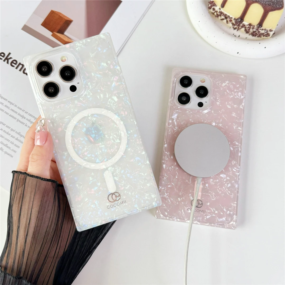 COCOMII网红透彩贝壳纹iPhone保护套适用苹果15promax手机壳方形