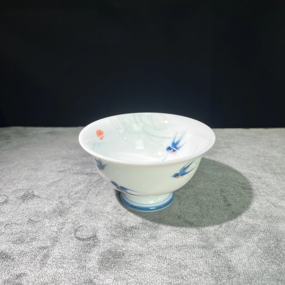 纯手绘柳燕归来压手杯主人杯高足茶杯羊脂玉瓷高温釉下彩100ml