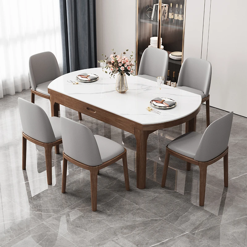 家用圆形可伸缩方圆两用饭桌子轻奢简约餐厅餐桌可折叠吃饭桌