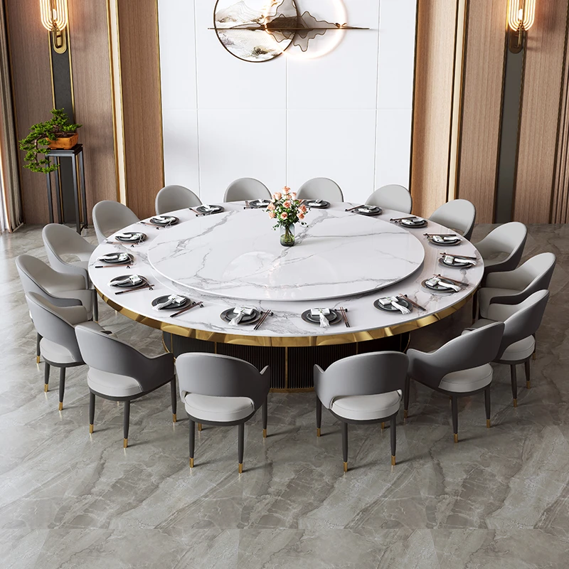 酒店电动餐桌大圆桌餐桌椅组合轻奢风大理石岩板餐桌家用圆桌