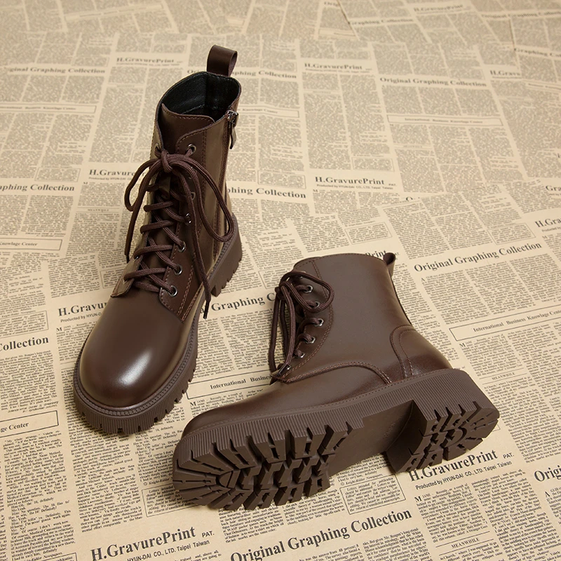 英伦风短靴女2025秋冬厚底真皮圆头单靴百搭加绒软底舒适马丁靴