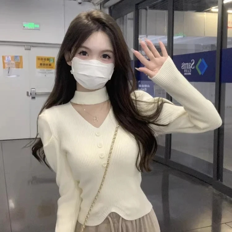 V领挂脖长袖针织衫女春秋2024新款法式设计感修身内搭打底衫上衣