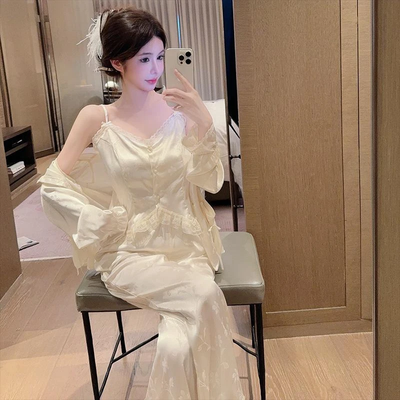 中式国风蕾丝吊带睡袍睡衣女春夏长袖绸缎显瘦气质家居服三件套装