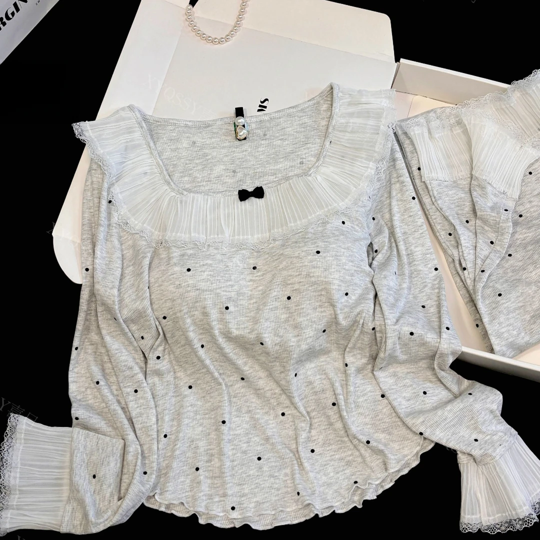 仲夏夜重工少女感纯欲风波点代尔棉睡衣蕾丝甜美休闲长袖家居套装